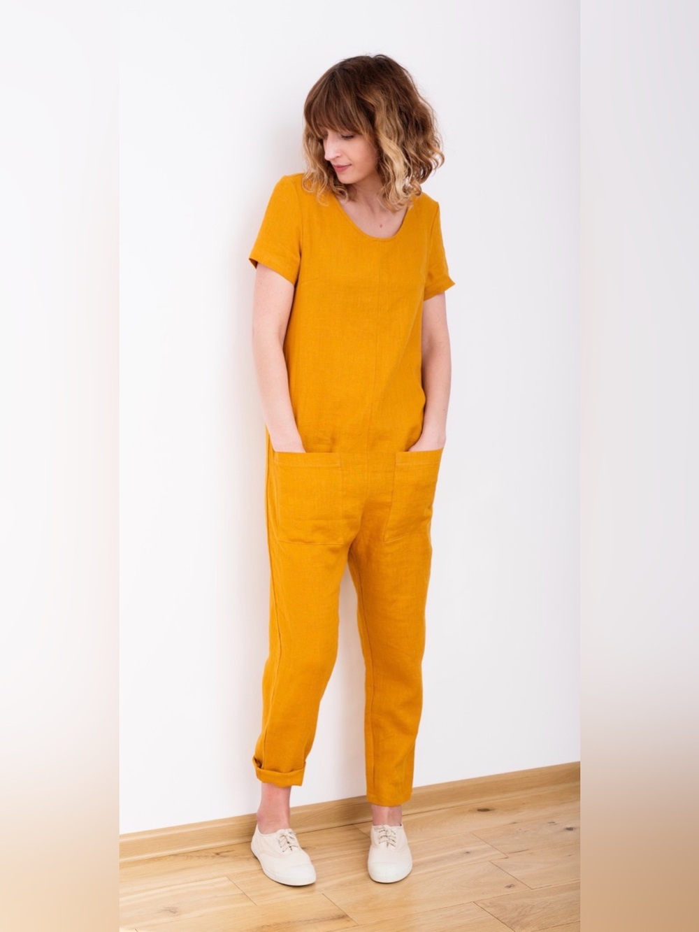 OffOn Linen Jumpsuit Women's Mustard Short Sleeve Utility Pockets Lagenlook